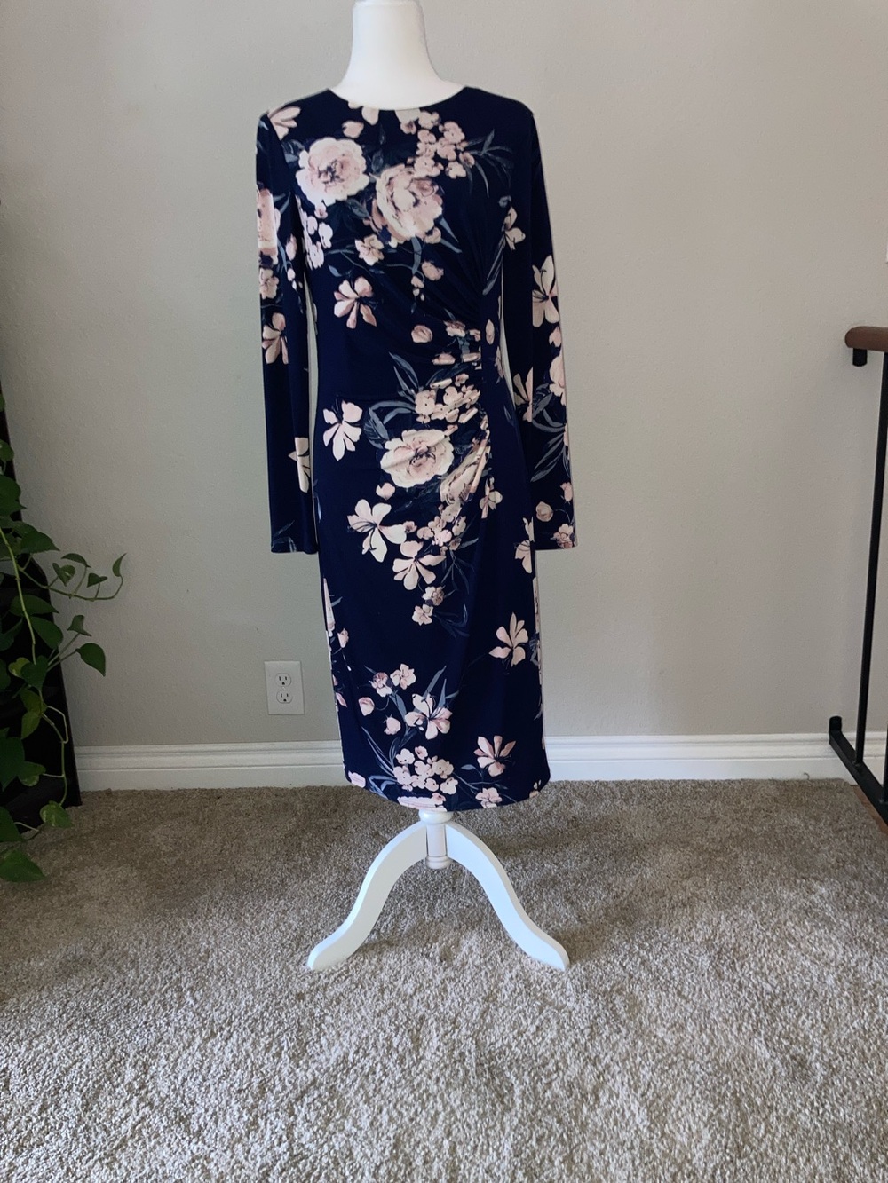 Navy Floral Long-Sleeve Midi Dress